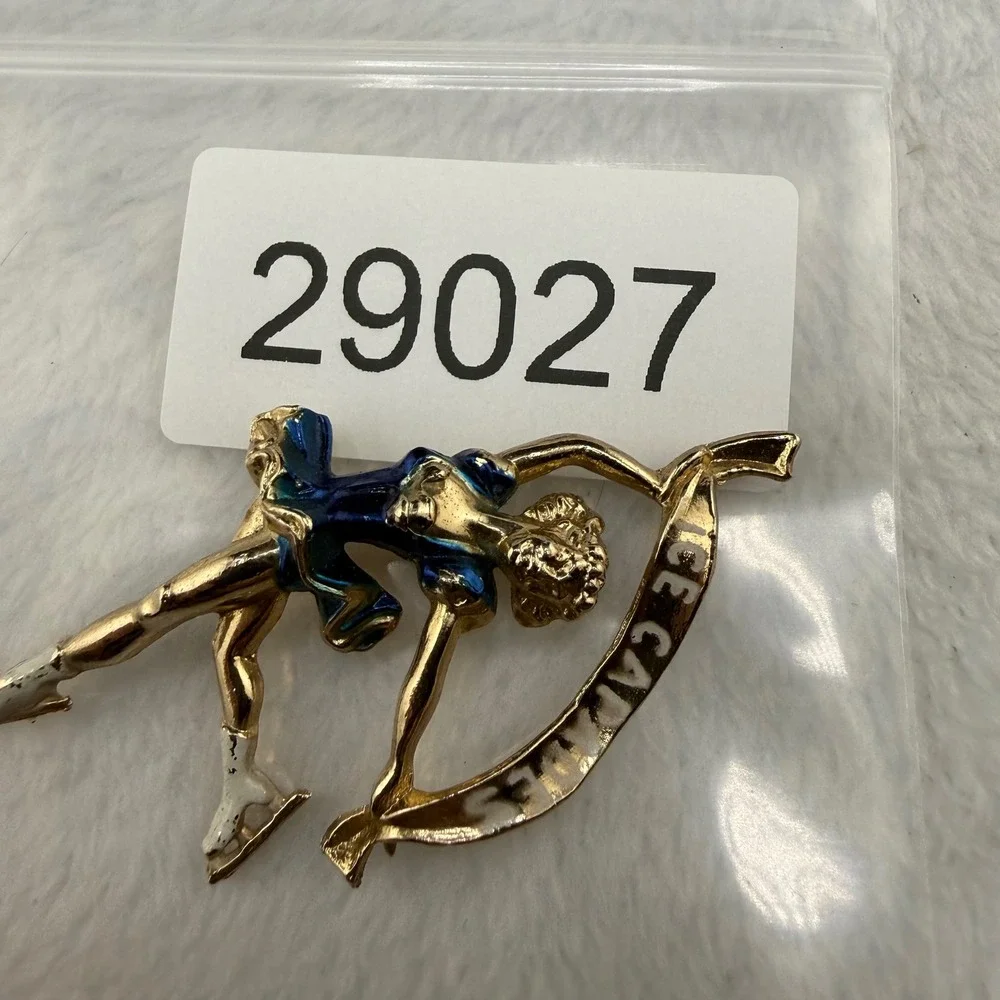 Vintage Ice Capades Brooch Gold Blue Enamel Figure Skater Banner Pin